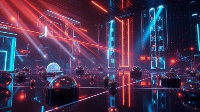 Real-time ray tracing breakthroughs: Visual revolution A futuristic, dynamic scene depicting intricate light rays simulating reflections, refractions, and shadows on digital objects, showcasing "Real-time ray tracing breakthroughs" in a vibrant, high-fidelity environment. Focus on glowing light paths and realistic material interactions.