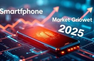 Smartphone Market Growth 2025: Key Trends & Forecasts A futuristic, elegant smartphone device glowing subtly, surrounded by abstract digital data streams and growth arrows, with "Smartphone Market Growth 2025" subtly integrated into the background as text. The overall aesthetic should convey innovation and progress in the tech industry, suitable for a featured image.