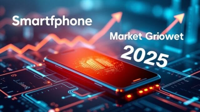 Smartphone Market Growth 2025: Key Trends & Forecasts A futuristic, elegant smartphone device glowing subtly, surrounded by abstract digital data streams and growth arrows, with "Smartphone Market Growth 2025" subtly integrated into the background as text. The overall aesthetic should convey innovation and progress in the tech industry, suitable for a featured image.