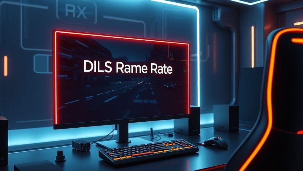 A futuristic gaming setup with a glowing monitor displaying a high-frame-rate game, with 'DLSS Frame Rate Boost' text subtly integrated into the UI. The scene should convey speed, high performance, and advanced technology, with a focus on smooth, crisp visuals.