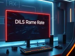 A futuristic gaming setup with a glowing monitor displaying a high-frame-rate game, with 'DLSS Frame Rate Boost' text subtly integrated into the UI. The scene should convey speed, high performance, and advanced technology, with a focus on smooth, crisp visuals.
