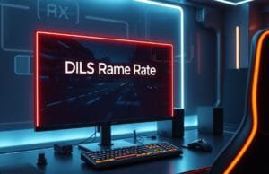 DLSS Frame Rate Boost: Unlocking Superior Gaming Performance A futuristic gaming setup with a glowing monitor displaying a high-frame-rate game, with 'DLSS Frame Rate Boost' text subtly integrated into the UI. The scene should convey speed, high performance, and advanced technology, with a focus on smooth, crisp visuals.