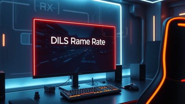 DLSS Frame Rate Boost: Unlocking Superior Gaming Performance A futuristic gaming setup with a glowing monitor displaying a high-frame-rate game, with 'DLSS Frame Rate Boost' text subtly integrated into the UI. The scene should convey speed, high performance, and advanced technology, with a focus on smooth, crisp visuals.