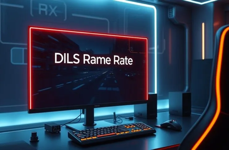 A futuristic gaming setup with a glowing monitor displaying a high-frame-rate game, with 'DLSS Frame Rate Boost' text subtly integrated into the UI. The scene should convey speed, high performance, and advanced technology, with a focus on smooth, crisp visuals.