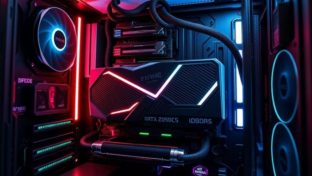 A futuristic, high-performance gaming PC interior, showcasing sleek DDR5 RTX 5090 Overclocking components glowing with subtle RGB. The focus is on a meticulously cooled NVIDIA RTX 5090 graphics card and high-speed DDR5 RAM modules, surrounded by intricate wiring and advanced cooling solutions, conveying ultimate power and precision. A futuristic, high-performance gaming PC interior, showcasing sleek DDR5 RTX 5090 Overclocking components glowing with subtle RGB. The focus is on a meticulously cooled NVIDIA RTX 5090 graphics card and high-speed DDR5 RAM modules, surrounded by intricate wiring and advanced cooling solutions, conveying ultimate power and precision.