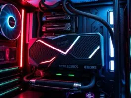 A futuristic, high-performance gaming PC interior, showcasing sleek DDR5 RTX 5090 Overclocking components glowing with subtle RGB. The focus is on a meticulously cooled NVIDIA RTX 5090 graphics card and high-speed DDR5 RAM modules, surrounded by intricate wiring and advanced cooling solutions, conveying ultimate power and precision.