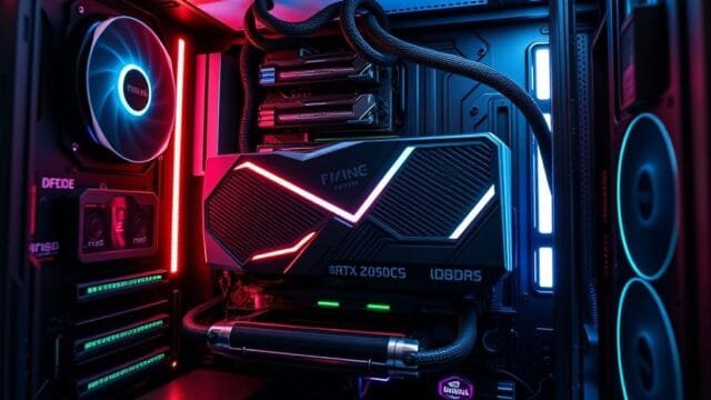 DDR5 RTX 5090 Overclocking: Enthusiast Performance Guide A futuristic, high-performance gaming PC interior, showcasing sleek DDR5 RTX 5090 Overclocking components glowing with subtle RGB. The focus is on a meticulously cooled NVIDIA RTX 5090 graphics card and high-speed DDR5 RAM modules, surrounded by intricate wiring and advanced cooling solutions, conveying ultimate power and precision.