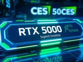 A futuristic, high-tech graphic card with glowing blue and green elements, representing the "RTX 5000 Super launch timeline," surrounded by digital timelines and a subtle CES 2026 logo in the background. The style should be photorealistic with a high-tech aesthetic.