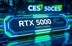 RTX 5000 Super launch timeline: CES 2026 & Spring Release A futuristic, high-tech graphic card with glowing blue and green elements, representing the "RTX 5000 Super launch timeline," surrounded by digital timelines and a subtle CES 2026 logo in the background. The style should be photorealistic with a high-tech aesthetic.
