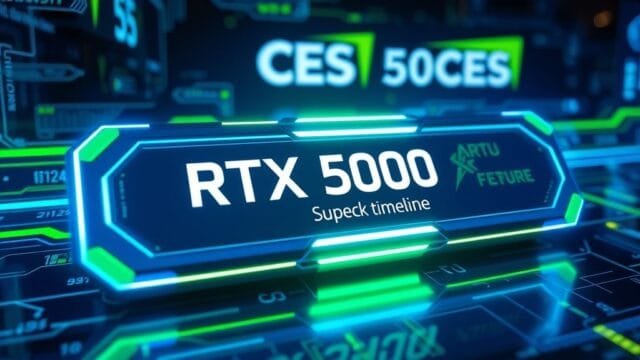 RTX 5000 Super launch timeline: CES 2026 & Spring Release A futuristic, high-tech graphic card with glowing blue and green elements, representing the "RTX 5000 Super launch timeline," surrounded by digital timelines and a subtle CES 2026 logo in the background. The style should be photorealistic with a high-tech aesthetic.