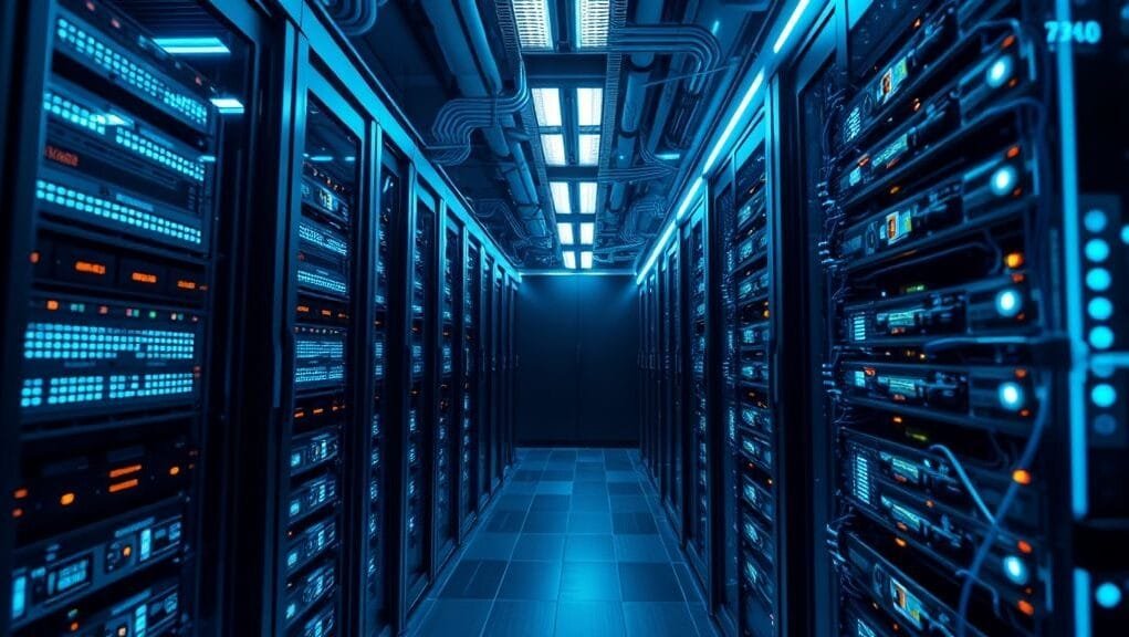 A futuristic, high-tech server room with glowing blue light trails connecting racks of advanced AI Acceleration GPU Architectures. Focus on the intricate circuitry and powerful processors, symbolizing rapid innovation and computational power. Photorealistic.