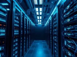 A futuristic, high-tech server room with glowing blue light trails connecting racks of advanced AI Acceleration GPU Architectures. Focus on the intricate circuitry and powerful processors, symbolizing rapid innovation and computational power. Photorealistic.