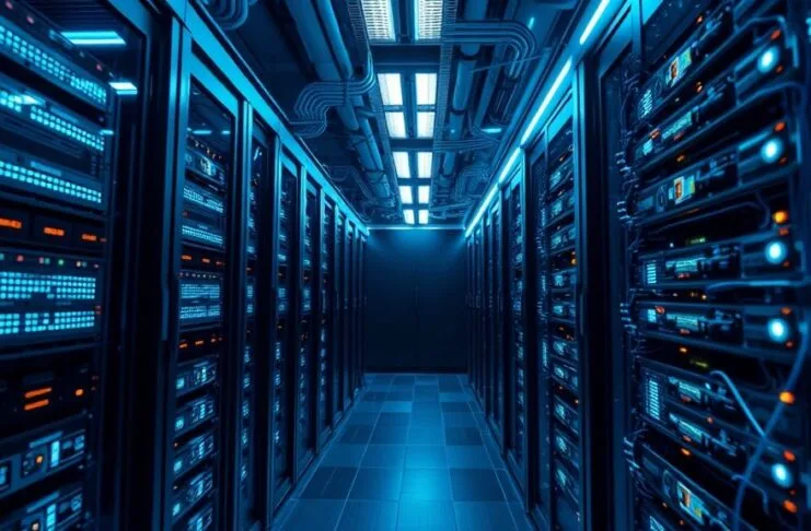 A futuristic, high-tech server room with glowing blue light trails connecting racks of advanced AI Acceleration GPU Architectures. Focus on the intricate circuitry and powerful processors, symbolizing rapid innovation and computational power. Photorealistic.