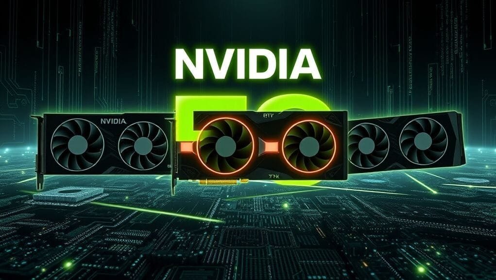 A futuristic, highly detailed graphic showcasing the NVIDIA RTX 50 series release logo prominently, with sleek, illuminated RTX 5090, 5080, 5070 Ti, and 5070 graphics cards floating in a digital, AI-infused landscape. The background features subtle circuitry patterns and glowing data streams, emphasizing power and next-generation technology, suitable for a CES 2025 announcement.