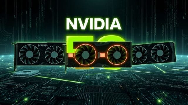 NVIDIA RTX 50 Series Release: CES 2025 Unveiling & Specs A futuristic, highly detailed graphic showcasing the NVIDIA RTX 50 series release logo prominently, with sleek, illuminated RTX 5090, 5080, 5070 Ti, and 5070 graphics cards floating in a digital, AI-infused landscape. The background features subtle circuitry patterns and glowing data streams, emphasizing power and next-generation technology, suitable for a CES 2025 announcement.