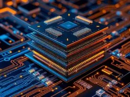 A futuristic, highly detailed illustration depicting a complex TSMC CoWoS advanced packaging solution. Show a multi-layered chip stack with visible interconnects, surrounded by glowing data lines and stylized AI circuitry, symbolizing the significant TSMC CoWoS capacity expansion driving the AI revolution. The overall aesthetic should be sophisticated and high-tech, with a blue and gold color palette.