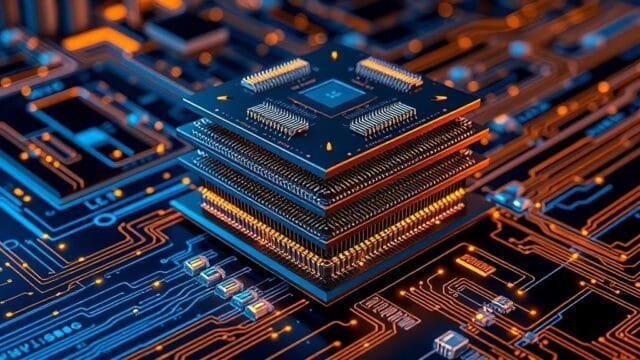 TSMC CoWoS Capacity Expansion: AI Packaging Bottleneck A futuristic, highly detailed illustration depicting a complex TSMC CoWoS advanced packaging solution. Show a multi-layered chip stack with visible interconnects, surrounded by glowing data lines and stylized AI circuitry, symbolizing the significant TSMC CoWoS capacity expansion driving the AI revolution. The overall aesthetic should be sophisticated and high-tech, with a blue and gold color palette.