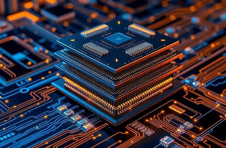 A futuristic, highly detailed illustration depicting a complex TSMC CoWoS advanced packaging solution. Show a multi-layered chip stack with visible interconnects, surrounded by glowing data lines and stylized AI circuitry, symbolizing the significant TSMC CoWoS capacity expansion driving the AI revolution. The overall aesthetic should be sophisticated and high-tech, with a blue and gold color palette.