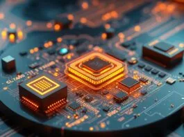 A futuristic, highly detailed illustration depicting various advanced semiconductor packaging technologies, such as 2.5D and 3D stacking, integrated seamlessly on a wafer. The image should convey high-performance computing, artificial intelligence, and cutting-edge TSMC advanced packaging performance, with microchips glowing faintly, interconnected by intricate pathways.