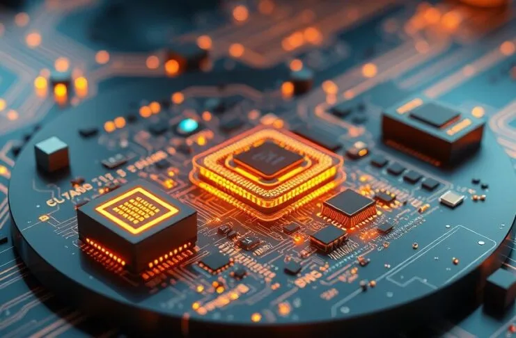 A futuristic, highly detailed illustration depicting various advanced semiconductor packaging technologies, such as 2.5D and 3D stacking, integrated seamlessly on a wafer. The image should convey high-performance computing, artificial intelligence, and cutting-edge TSMC advanced packaging performance, with microchips glowing faintly, interconnected by intricate pathways.