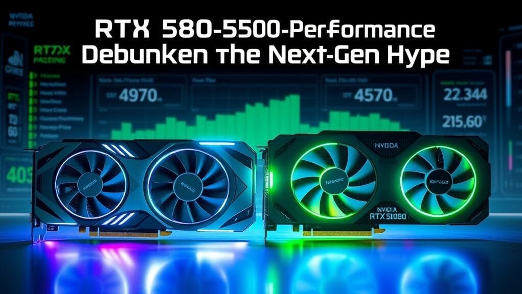 A futuristic, illuminated NVIDIA GeForce RTX 5080 graphics card and an NVIDIA GeForce RTX 4090 graphics card side-by-side, visually emphasizing their next-gen design. The background should be a dynamic digital interface displaying performance statistics and a prominent title: "RTX 5080 4090 Performance: Debunking the Next-Gen Hype". A futuristic, illuminated NVIDIA GeForce RTX 5080 graphics card and an NVIDIA GeForce RTX 4090 graphics card side-by-side, visually emphasizing their next-gen design. The background should be a dynamic digital interface displaying performance statistics and a prominent title: "RTX 5080 4090 Performance: Debunking the Next-Gen Hype".