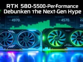 A futuristic, illuminated NVIDIA GeForce RTX 5080 graphics card and an NVIDIA GeForce RTX 4090 graphics card side-by-side, visually emphasizing their next-gen design. The background should be a dynamic digital interface displaying performance statistics and a prominent title: "RTX 5080 4090 Performance: Debunking the Next-Gen Hype".