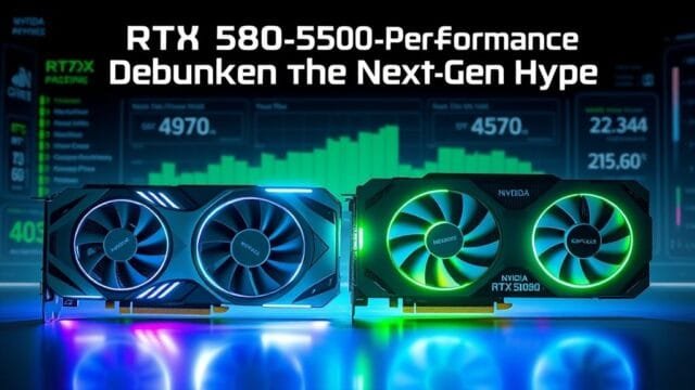 RTX 5080 4090 Performance: The Truth About NVIDIA’s Next Gen A futuristic, illuminated NVIDIA GeForce RTX 5080 graphics card and an NVIDIA GeForce RTX 4090 graphics card side-by-side, visually emphasizing their next-gen design. The background should be a dynamic digital interface displaying performance statistics and a prominent title: "RTX 5080 4090 Performance: Debunking the Next-Gen Hype".