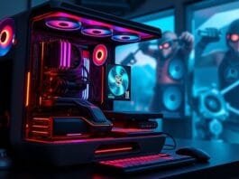 A futuristic, sleek gaming PC setup with glowing components, displaying a vibrant, high-fidelity game scene that visually represents generational gaming performance improvements, with data visualizations subtly integrated.