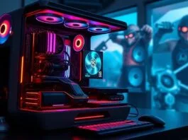 A futuristic, sleek gaming PC setup with glowing components, displaying a vibrant, high-fidelity game scene that visually represents generational gaming performance improvements, with data visualizations subtly integrated.