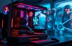 Generational gaming performance improvements: The Tech Leap A futuristic, sleek gaming PC setup with glowing components, displaying a vibrant, high-fidelity game scene that visually represents generational gaming performance improvements, with data visualizations subtly integrated.