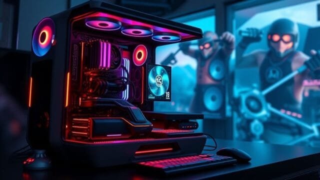 Generational gaming performance improvements: The Tech Leap A futuristic, sleek gaming PC setup with glowing components, displaying a vibrant, high-fidelity game scene that visually represents generational gaming performance improvements, with data visualizations subtly integrated.