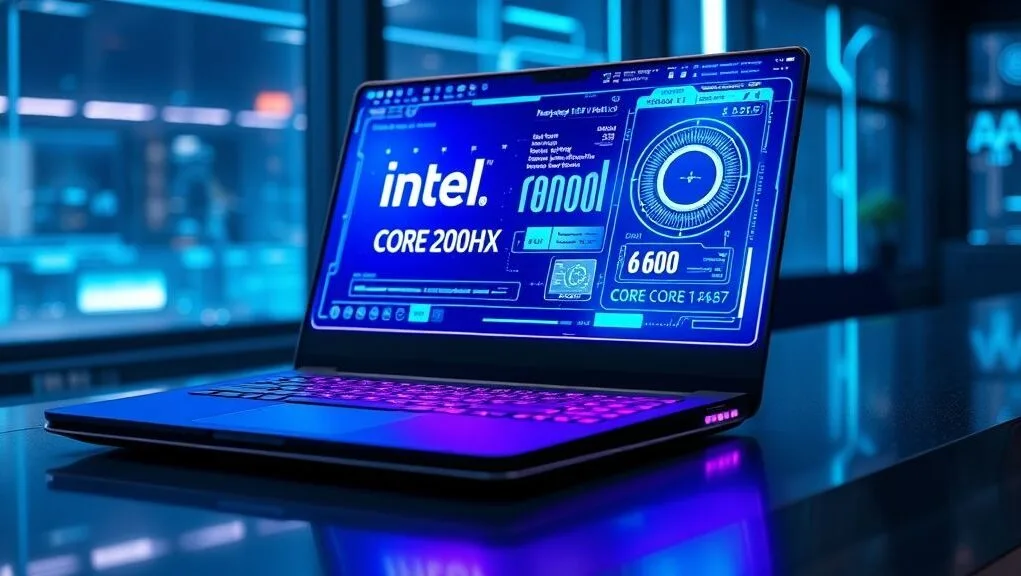 A futuristic, sleek laptop glowing with blue and purple light, displaying a holographic interface that shows "Intel Core Ultra 200HX AI PC" and complex data visualizations. The laptop rests on a modern desk in a high-tech setting, with subtle AI-inspired elements in the background.