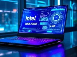 A futuristic, sleek laptop glowing with blue and purple light, displaying a holographic interface that shows "Intel Core Ultra 200HX AI PC" and complex data visualizations. The laptop rests on a modern desk in a high-tech setting, with subtle AI-inspired elements in the background.