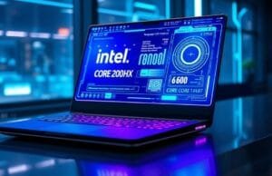 Core Ultra 200HX AI PC: Intel’s Next-Gen Mobile Powerhouse A futuristic, sleek laptop glowing with blue and purple light, displaying a holographic interface that shows "Intel Core Ultra 200HX AI PC" and complex data visualizations. The laptop rests on a modern desk in a high-tech setting, with subtle AI-inspired elements in the background.