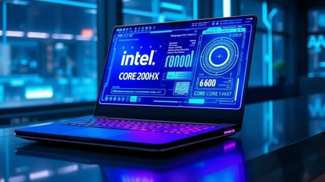 A futuristic, sleek laptop glowing with blue and purple light, displaying a holographic interface that shows "Intel Core Ultra 200HX AI PC" and complex data visualizations. The laptop rests on a modern desk in a high-tech setting, with subtle AI-inspired elements in the background. A futuristic, sleek laptop glowing with blue and purple light, displaying a holographic interface that shows "Intel Core Ultra 200HX AI PC" and complex data visualizations. The laptop rests on a modern desk in a high-tech setting, with subtle AI-inspired elements in the background.