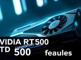 A futuristic, sleek NVIDIA GeForce RTX 5000 series graphics card, prominently featuring its distinctive design and glowing accents, hinting at advanced technology. The focus keyword "NVIDIA RTX 5000 features" is subtly integrated, perhaps through a holographic display or branding element on the card. The overall image should convey cutting-edge performance and innovation, suitable for a featured article image.