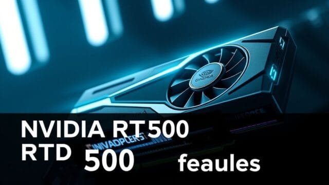 NVIDIA RTX 5000 Features: Blackwell & Next-Gen Tech A futuristic, sleek NVIDIA GeForce RTX 5000 series graphics card, prominently featuring its distinctive design and glowing accents, hinting at advanced technology. The focus keyword "NVIDIA RTX 5000 features" is subtly integrated, perhaps through a holographic display or branding element on the card. The overall image should convey cutting-edge performance and innovation, suitable for a featured article image.