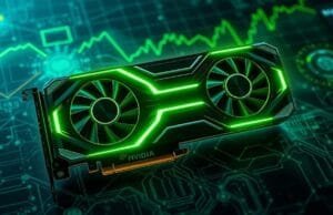 NVIDIA GPU Pricing Strategy: Unpacking Market Shifts A futuristic, sleek NVIDIA GPU card illuminated with glowing green accents, superimposed over a dynamic backdrop depicting both gaming elements (e.g., subtle pixel art, controller silhouette) and abstract AI neural network patterns. A subtle financial graph overlay indicating market shifts can be seen in the background, symbolizing NVIDIA GPU pricing strategy. Realistic, high-tech, digital art.