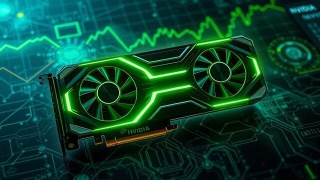 NVIDIA GPU Pricing Strategy: Unpacking Market Shifts A futuristic, sleek NVIDIA GPU card illuminated with glowing green accents, superimposed over a dynamic backdrop depicting both gaming elements (e.g., subtle pixel art, controller silhouette) and abstract AI neural network patterns. A subtle financial graph overlay indicating market shifts can be seen in the background, symbolizing NVIDIA GPU pricing strategy. Realistic, high-tech, digital art.