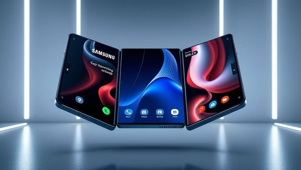 A futuristic, sleek Samsung tri-folding phone fully unfolded, showcasing a vast, vibrant 10-inch display with multiple applications running simultaneously. The phone appears to float against a minimalist, high-tech background, emphasizing its cutting-edge design and premium feel. The hinges are subtly visible, hinting at its complex engineering.
