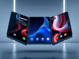 A futuristic, sleek Samsung tri-folding phone fully unfolded, showcasing a vast, vibrant 10-inch display with multiple applications running simultaneously. The phone appears to float against a minimalist, high-tech background, emphasizing its cutting-edge design and premium feel. The hinges are subtly visible, hinting at its complex engineering.