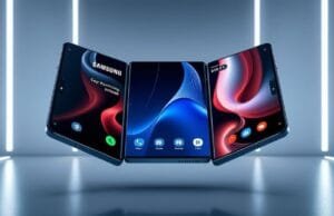 Samsung tri-folding phone: Galaxy Z TriFold vs Apple A futuristic, sleek Samsung tri-folding phone fully unfolded, showcasing a vast, vibrant 10-inch display with multiple applications running simultaneously. The phone appears to float against a minimalist, high-tech background, emphasizing its cutting-edge design and premium feel. The hinges are subtly visible, hinting at its complex engineering.