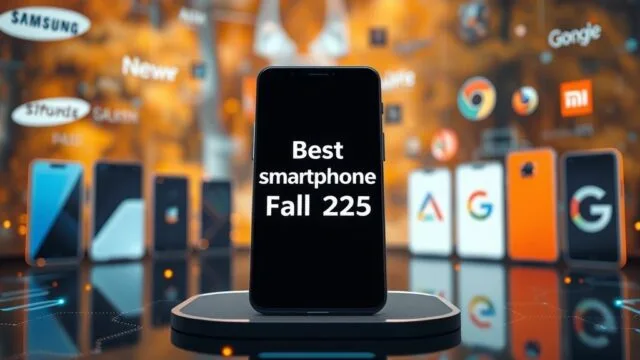 A futuristic, sleek smartphone display showcasing "Best Smartphones Fall 2025" surrounded by glowing digital data streams and abstract tech elements, representing innovation and a competitive landscape. The background features subtle, blurred images of various high-end smartphones (Samsung, Apple, Google, Xiaomi logos subtly visible) under warm autumn lighting.