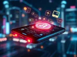 A futuristic smartphone glowing with AI features like holographic personal assistants, predictive interfaces, and advanced computational photography icons emanating from its screen, set against a backdrop of swirling data and smart city lights, illustrating the "AI smartphone features future". Photorealistic.