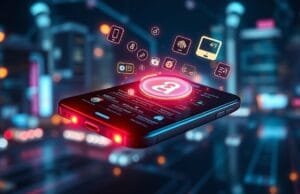 AI Smartphone Features Future: Beyond Siri’s Delay A futuristic smartphone glowing with AI features like holographic personal assistants, predictive interfaces, and advanced computational photography icons emanating from its screen, set against a backdrop of swirling data and smart city lights, illustrating the "AI smartphone features future". Photorealistic.