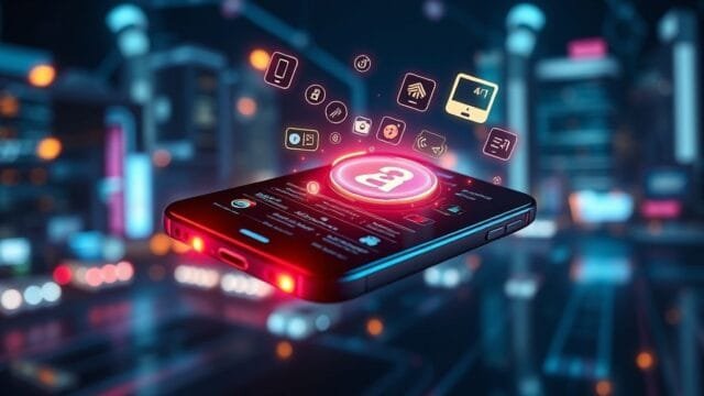 AI Smartphone Features Future: Beyond Siri’s Delay A futuristic smartphone glowing with AI features like holographic personal assistants, predictive interfaces, and advanced computational photography icons emanating from its screen, set against a backdrop of swirling data and smart city lights, illustrating the "AI smartphone features future". Photorealistic.