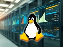 A futuristic, stylized depiction of the Linux kernel logo (Tux the penguin) integrated into a high-tech data visualization displaying charts and graphs related to CPU, filesystem, and GPU performance metrics, with 'Linux 617 Performance Benchmarks' prominently displayed on a digital interface. The background is a blurred server room or data center, conveying speed and advanced technology.