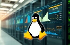 Linux 617 Performance Benchmarks: Kernel, Filesystem, ROCm A futuristic, stylized depiction of the Linux kernel logo (Tux the penguin) integrated into a high-tech data visualization displaying charts and graphs related to CPU, filesystem, and GPU performance metrics, with 'Linux 617 Performance Benchmarks' prominently displayed on a digital interface. The background is a blurred server room or data center, conveying speed and advanced technology.