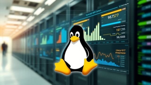 Linux 617 Performance Benchmarks: Kernel, Filesystem, ROCm A futuristic, stylized depiction of the Linux kernel logo (Tux the penguin) integrated into a high-tech data visualization displaying charts and graphs related to CPU, filesystem, and GPU performance metrics, with 'Linux 617 Performance Benchmarks' prominently displayed on a digital interface. The background is a blurred server room or data center, conveying speed and advanced technology.