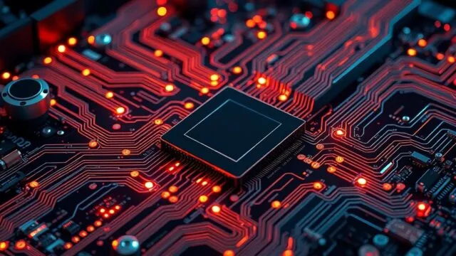 A highly detailed, futuristic illustration of a computer motherboard with glowing data pathways, symbolizing immense processing power and efficiency. Overlayed or integrated subtly within the design is the TikTok logo or an abstract representation of its underlying logic, underscoring its central role in content delivery. The aesthetic should be clean and high-tech, possibly with a faint blue or purple glow.